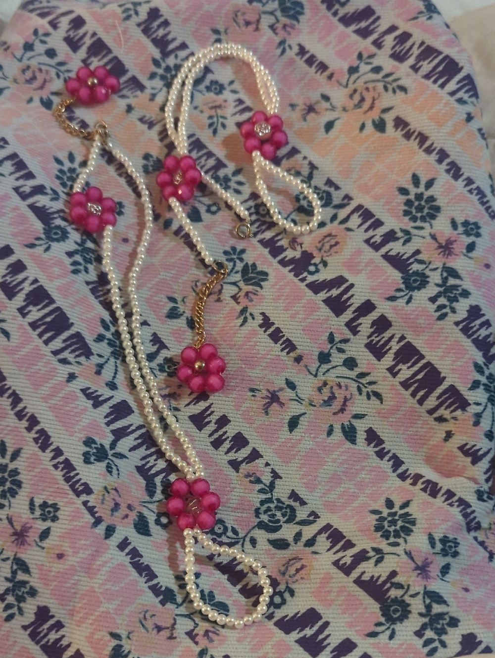 Pearl Strand Necklace with Pink Flower Accents